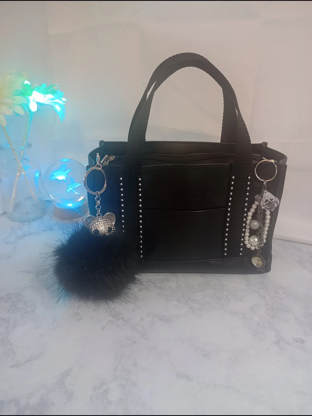 Handmade Black Vinyl Handbag With Removable Charms, Christmas, Birthday Gift